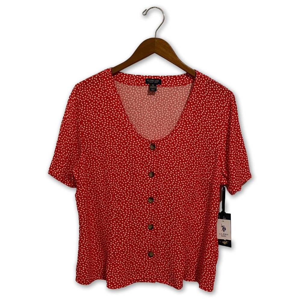 US Polo Association Red with White Floral Button Front Short Sleeve Blouse Sz M